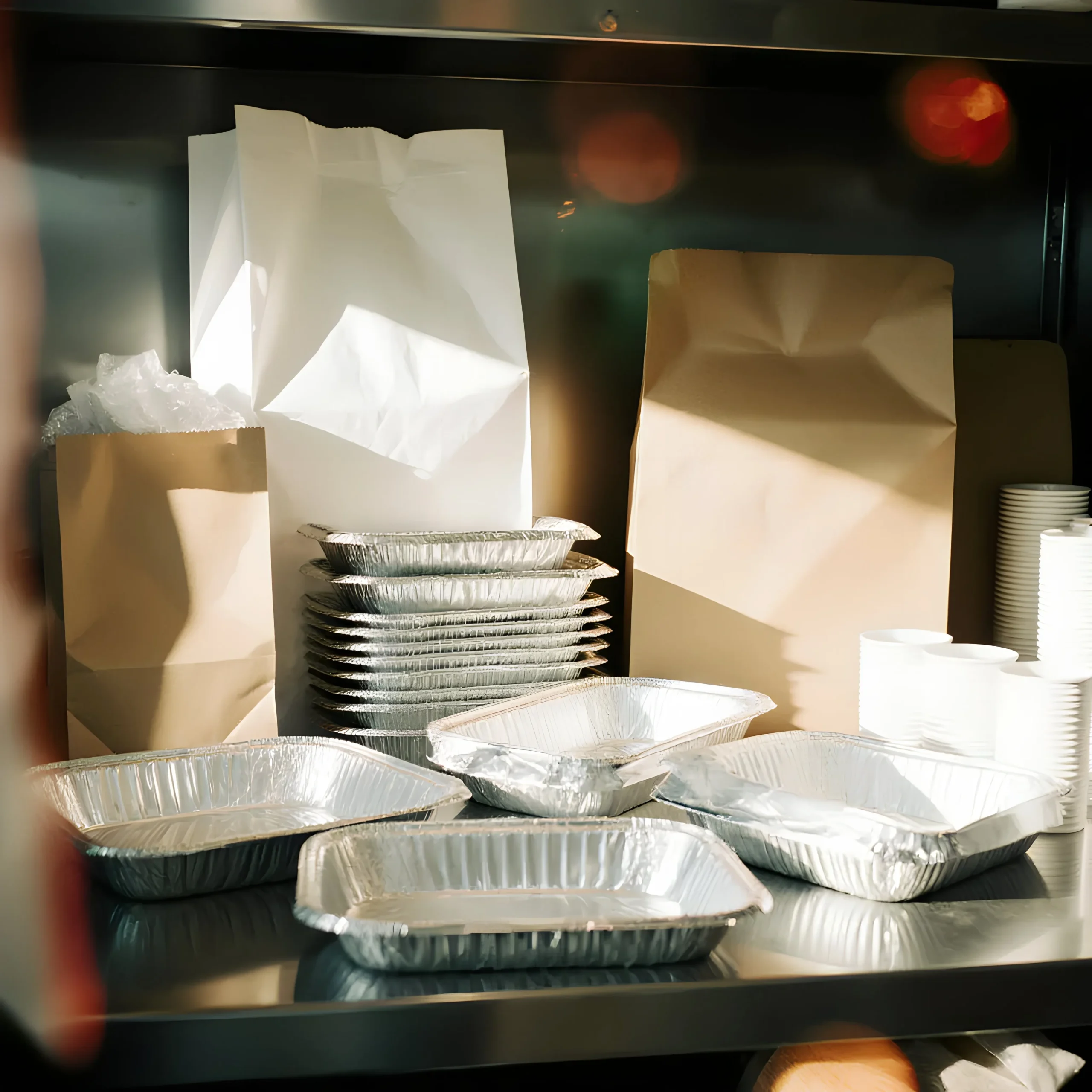 Emballages alimentaires : barquettes, sacs, boîtes, films et gobelets.