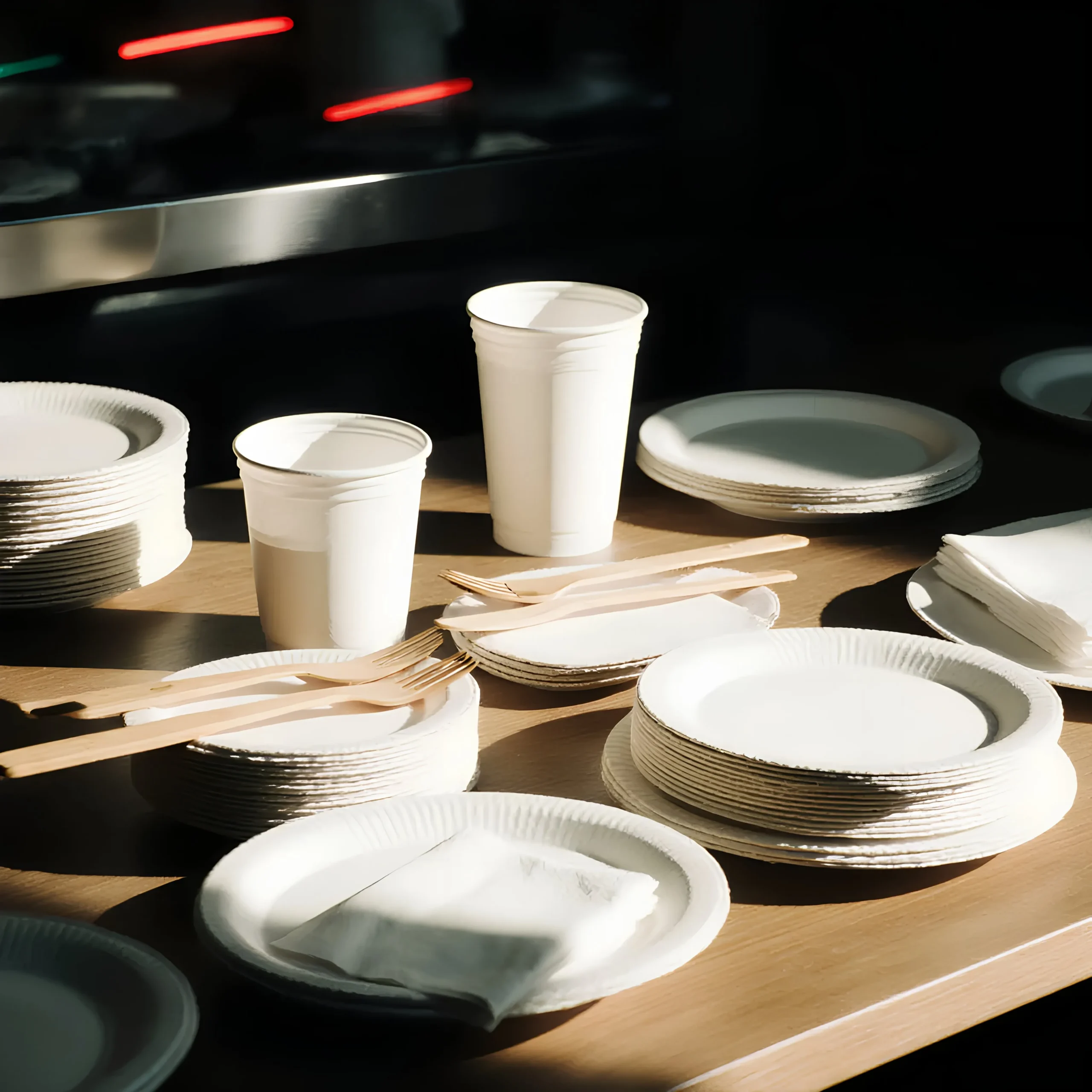 Vaisselle jetable : couverts, assiettes, serviettes, gobelets biodégradables.