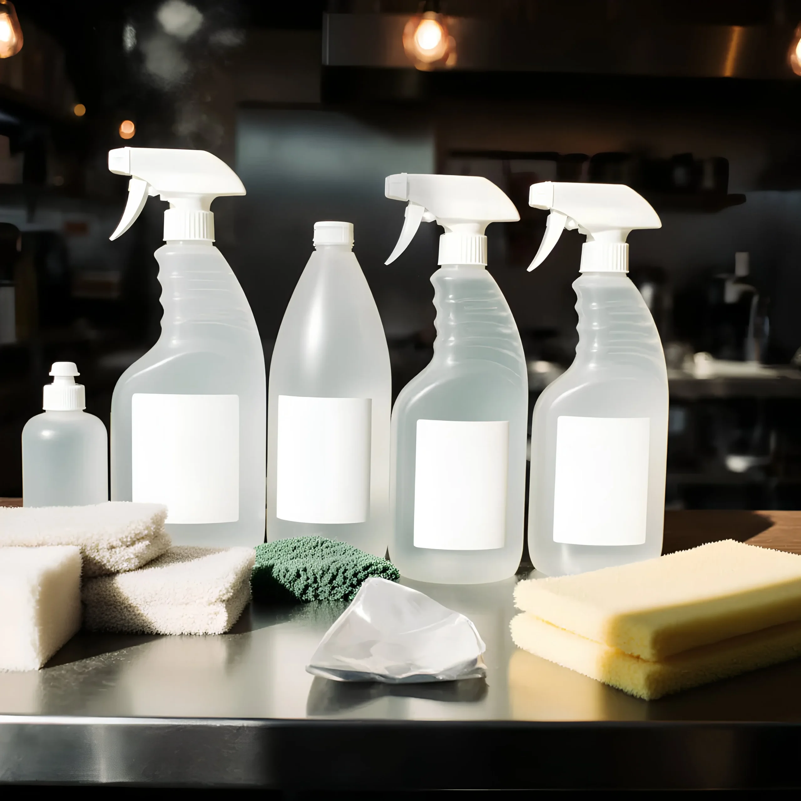 Produits d’entretien : nettoyants sols, cuisine, vitres, sanitaires.